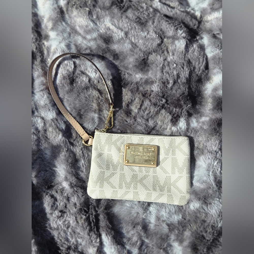 Michael Kors Beige & White Logo Wristlet with Gold Plaque